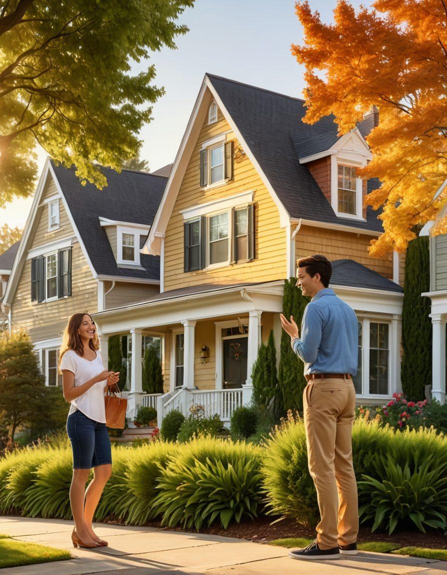 A welcoming suburban neighborhood, showcasing diverse styles of single-family homes with 'For Sale' signs, a young couple enthusiastically discussing their options, a friendly real estate agent pointing towards a house, trees and greenery in the background, a warm sunset casting a golden light on the scene. super-realistic. vibrant colors. cozy atmosphere.