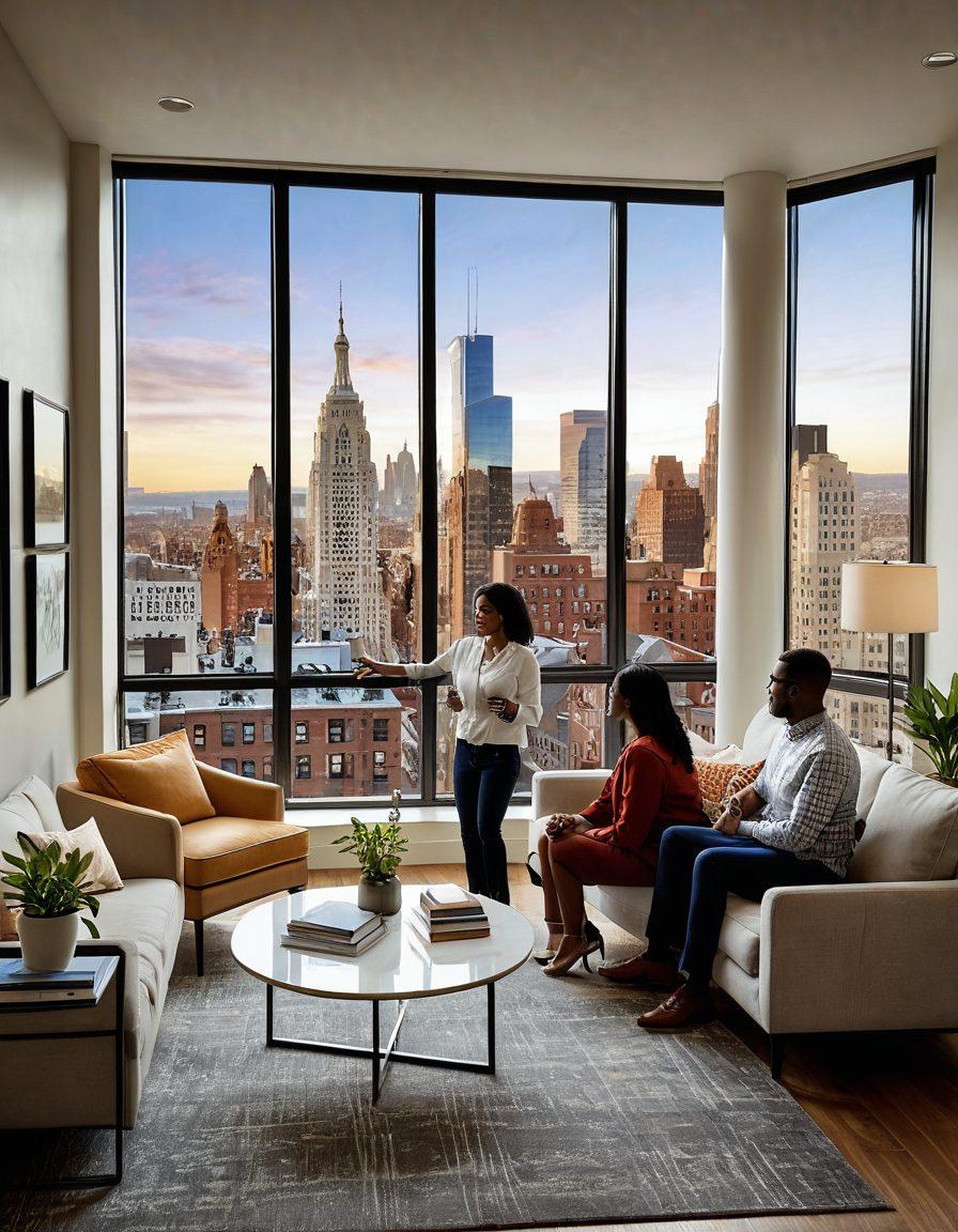 An inviting visual showcasing a diverse group of first-time home buyers engaging with a knowledgeable expert in a modern, cozy office setting. Include a large window displaying a vibrant city with varying housing styles right outside. In the background, graphs and charts illustrating market trends are subtly visible on the walls. The atmosphere should feel warm and empowering, encouraging exploration of home ownership. super-realistic. vibrant colors. warm lighting.