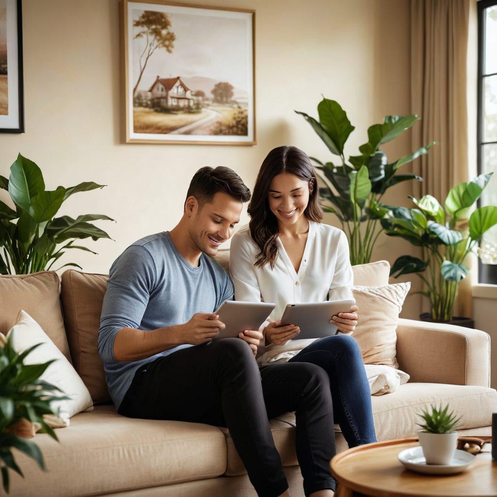 A modern couple reviewing property listings on a sleek tablet in a cozy living room filled with houseplants and soft lighting, showcasing a dreamy, inviting atmosphere. In the background, a subtle infographic of smart strategies and home icons floats, symbolizing their journey toward securing their dream home. Super-realistic. Warm tones. Soft focus.